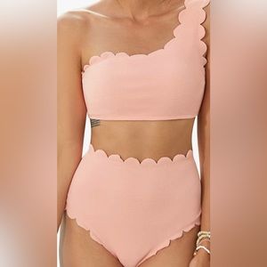 2 Piece One Shoulder Swimsuits for Women, High Waisted Bottom Scalloped Bikini